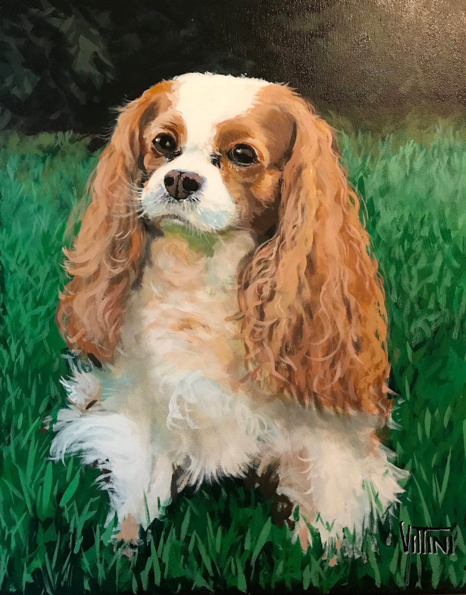 Freshly painted pet portrait of dog by Artist Mabel Vittini.