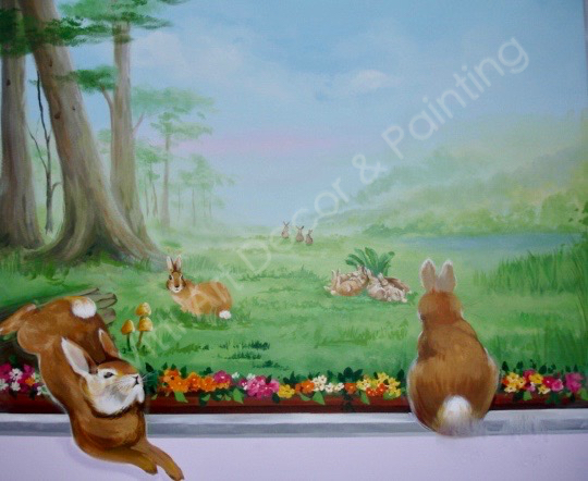 child mural rabbits playing and jumping amongst flowers and green pastures with trees